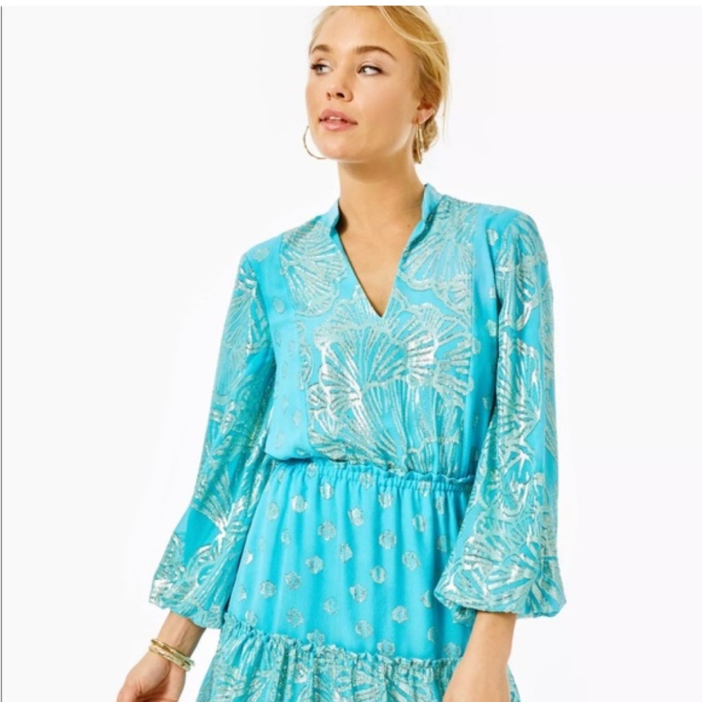 Lilly Pulitzer Joella Silk Dress in Bermuda Blue Metallic Chiffon
